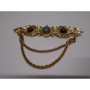 Bar Brooch Cabochon Jade Carnelian 2 Chains Gold Tone Metal Swag Bodice Pin